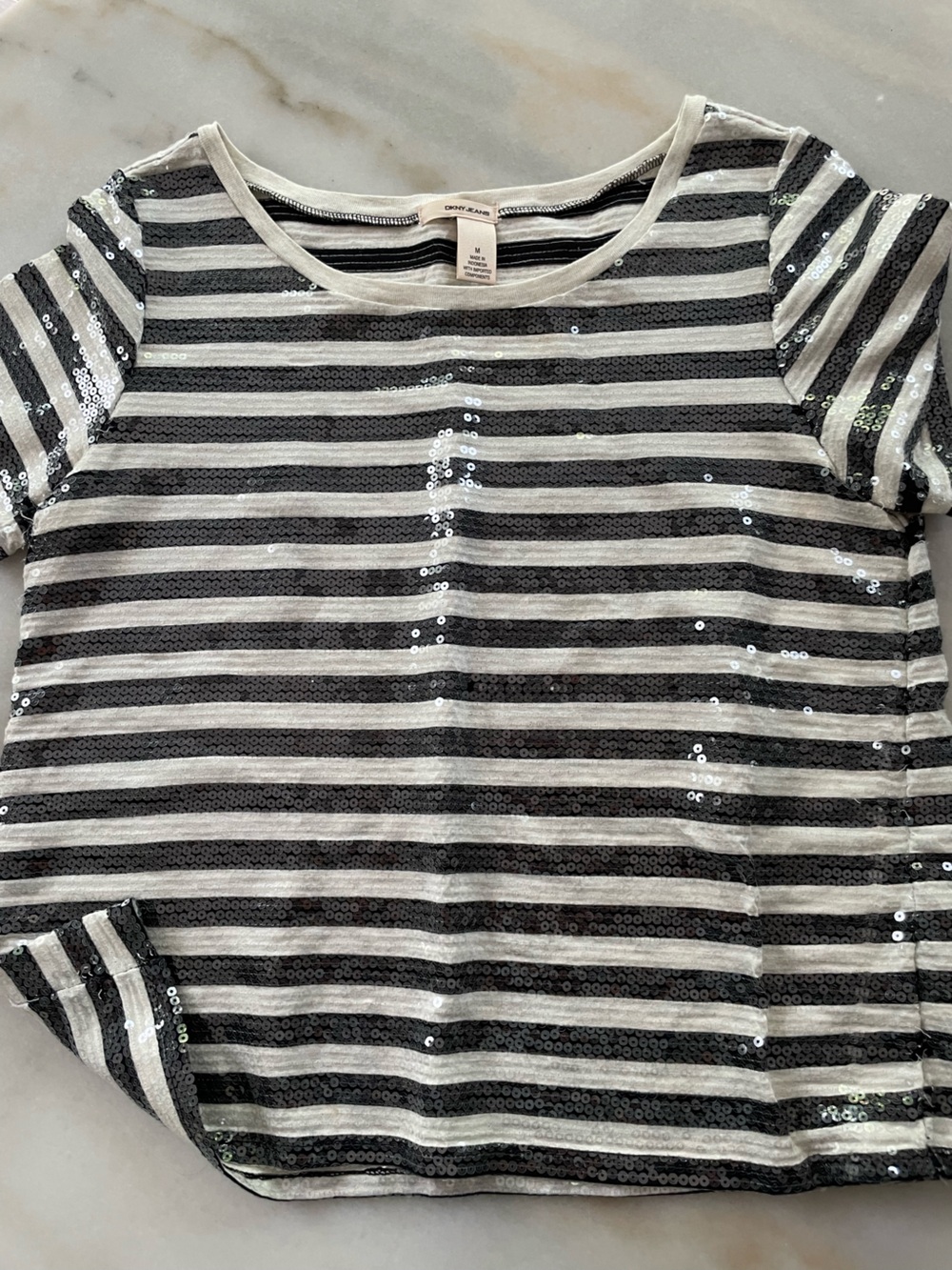 DKNY Black & White Striped Sequin Short Sleeve Tee size M